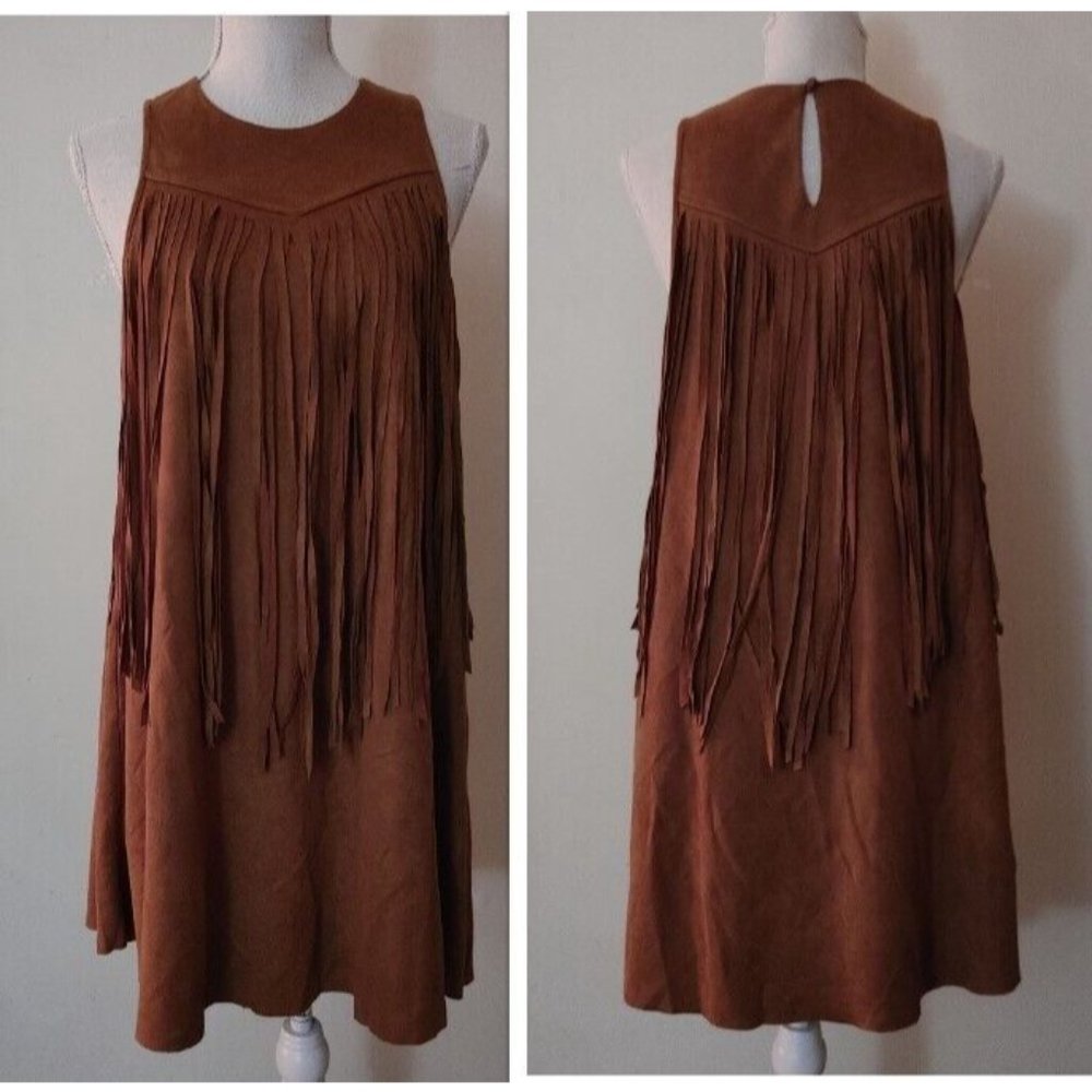 NWT Western Faux Suede Fringe Dress Womens Small Brown Cowgirl By Together NEW